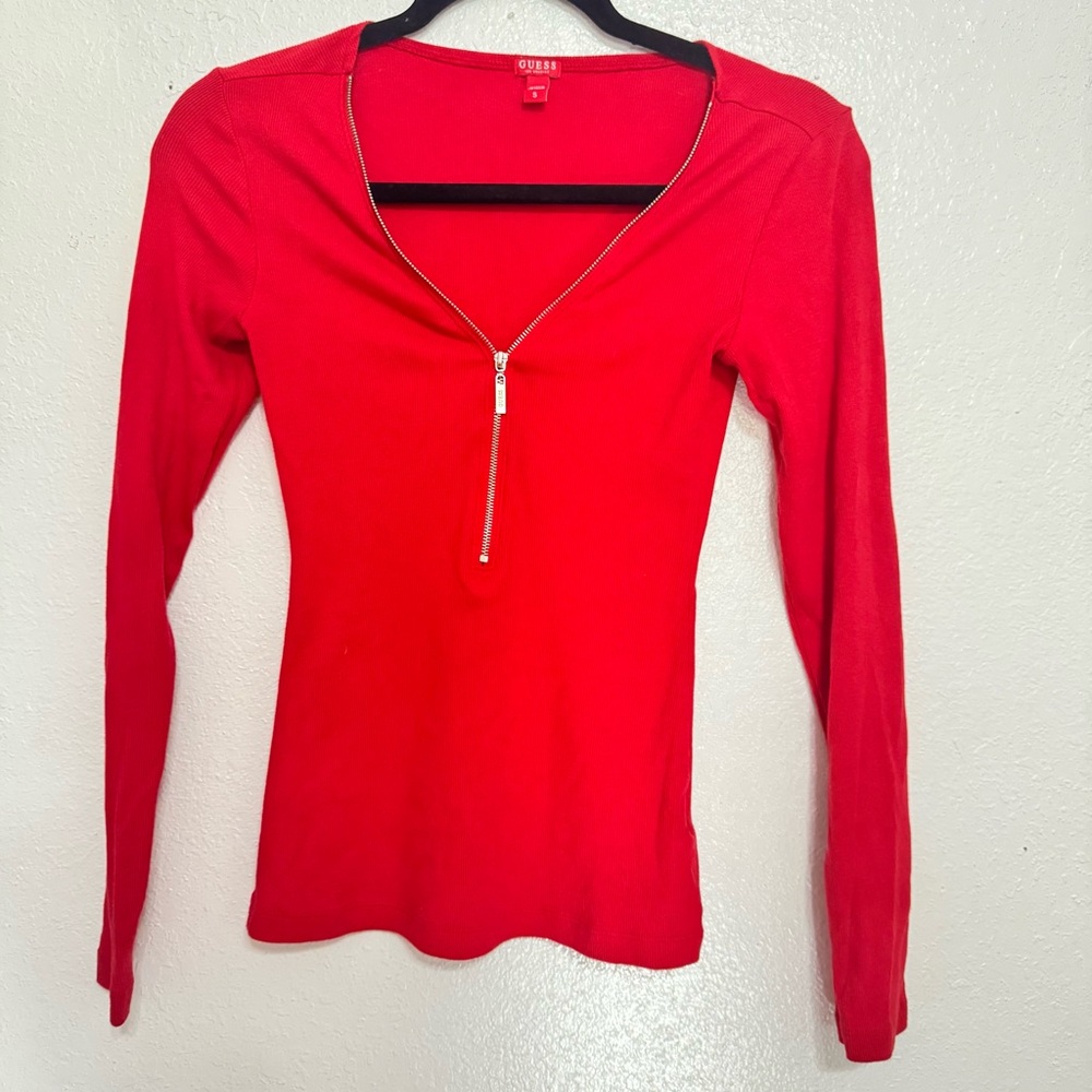 GUESS deep v neck red zip front long sleeve top size small - Picture 5 of 7